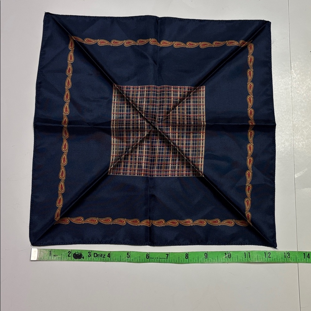 Vintage men’s navy with multi color paisley border pocket square/ handkerchief